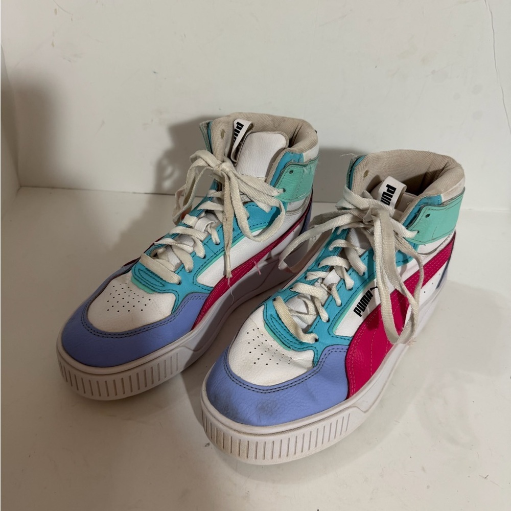 Puma White High Top Sneakers with Pink, Blue, and Green Accents size 5 - Picture 5 of 10
